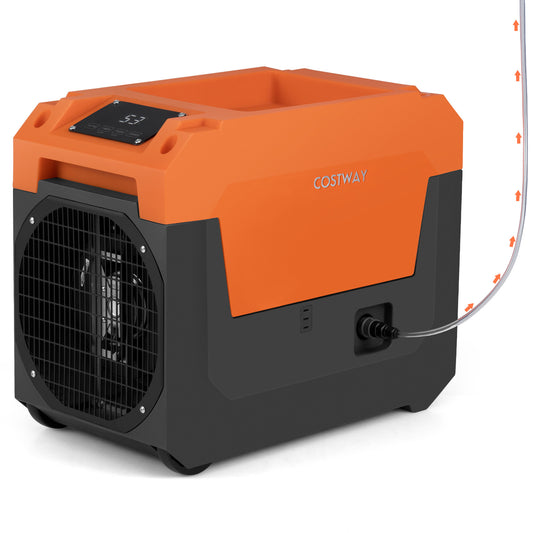 Orange and grey dehumidifier with a digital display and a clear hose showing water flow