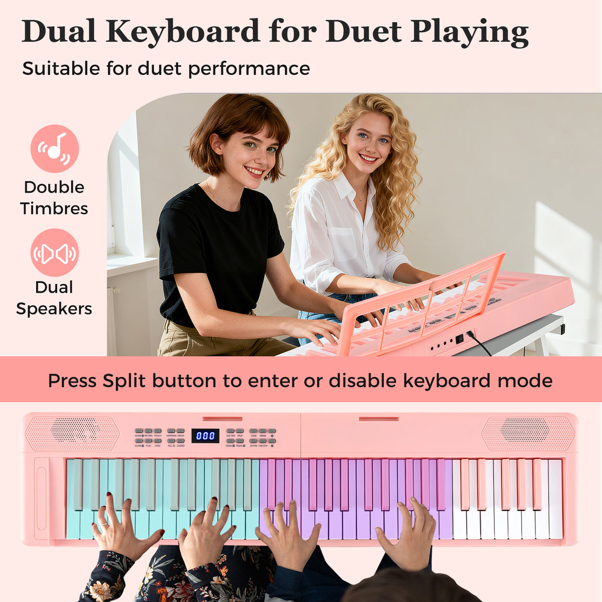 61-Key Foldable Piano Keyboard Full-size Electronic Keyboard with MIDI and Split Function-Pink