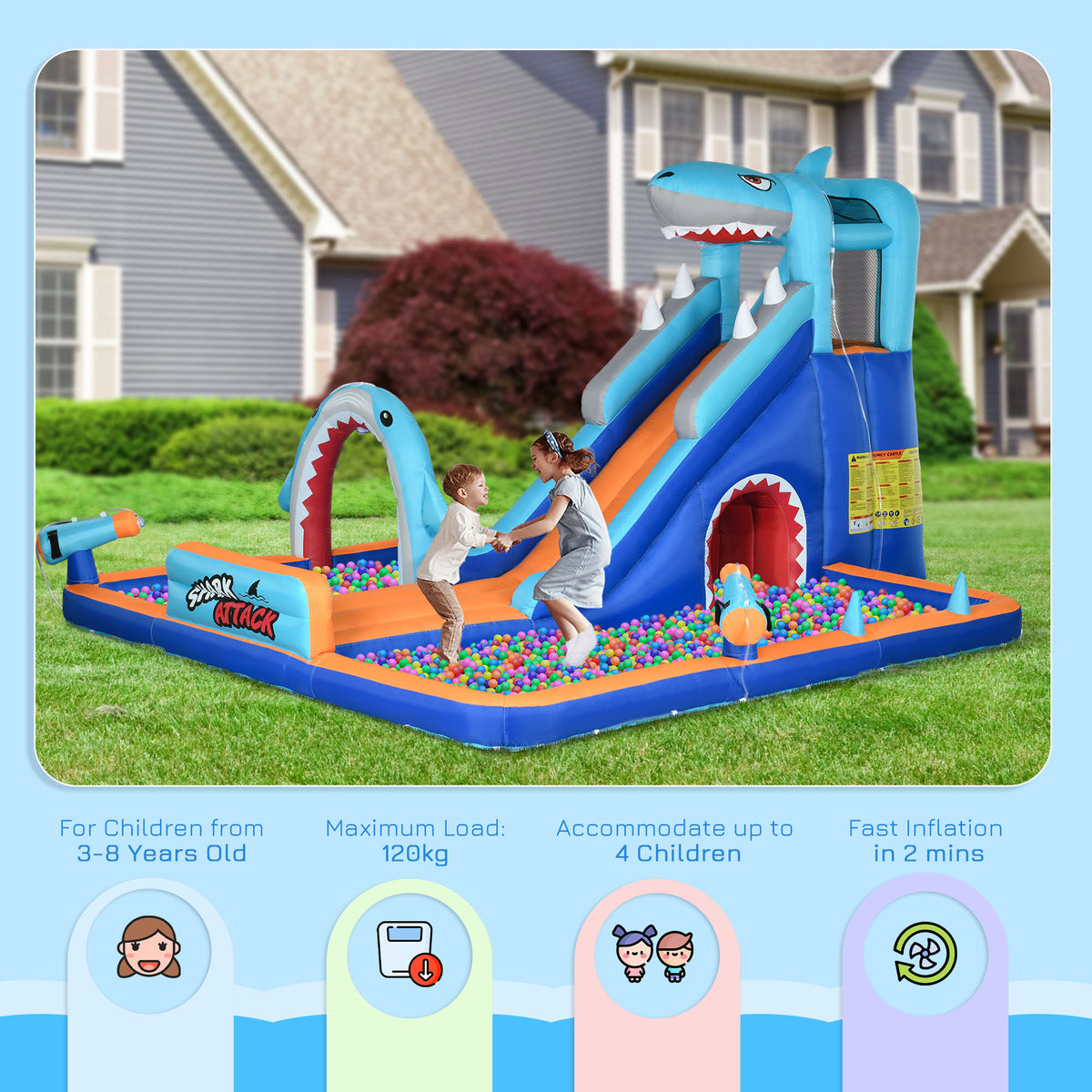 Outsunny 6 in 1 Shark-Themed Bouncy Castle in Multi Colour