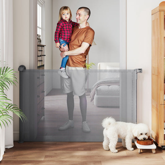 PawHut Retractable Dog Gate, Extends to 140 cm Wide & 93 cm Tall, Mesh Pet Gate with Single Hand Operation, for Stairs Doorways