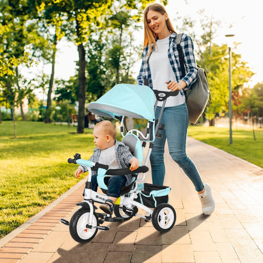 دراجة ثلاثية العجلات للأطفال 6 في 1 من HOMCOM مع مقبض دفع، مظلة، حزام أمان بخمس نقاط، سلة تخزين، مسند قدم، مكابح، للأعمار من 1-5 سنوات، أخضر