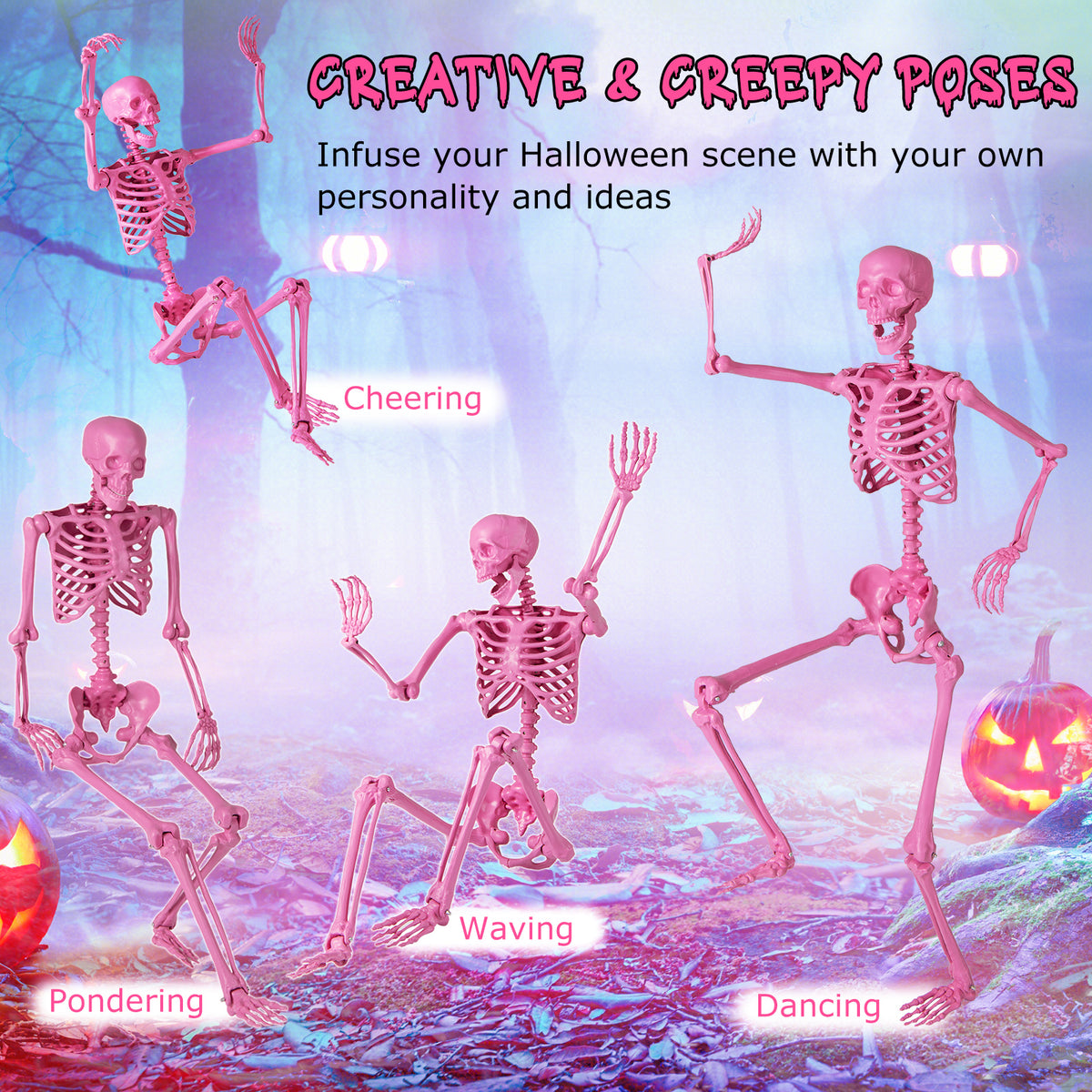 Four pink skeleton decorations in different poses: cheering, waving, pondering, and dancing