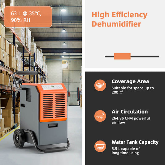 Commercial dehumidifier shown in a warehouse setting with text overlay