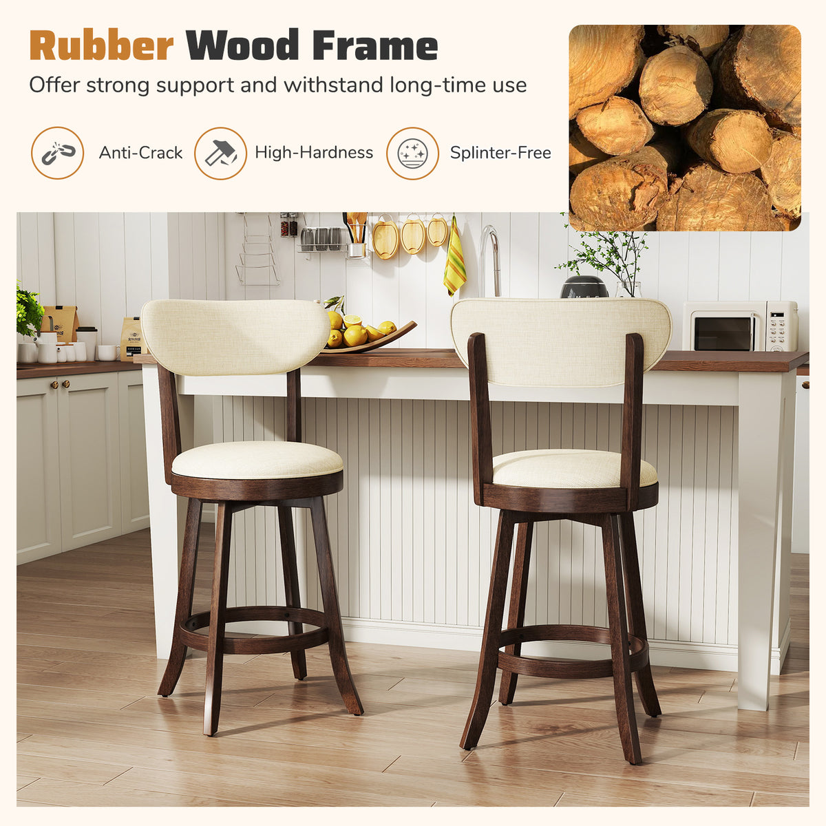 64/77CM Counter Height Chairs Set of 2 with Padded Seat and Backrest-Brown-Size 1