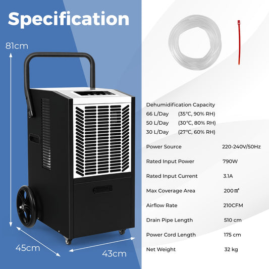 This commercial dehumidifier shows its dimensions and capacity specifications