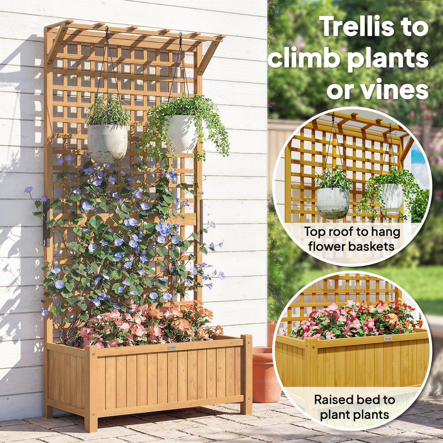 Outsunny Raised Bed with Drainage Holes, Wood Planter with Trellis for Climbing Plants to Grow Vegetables, Flowers, Yellow