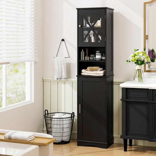 The black floor cabinet is shown in a bathroom setting next to a bathtub and laundry basket
