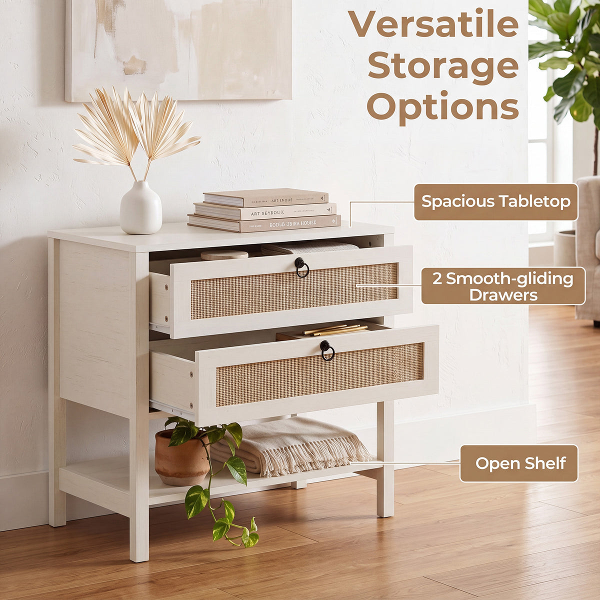 68 cm Wide Boho Rattan Nightstand with 2 Drawers and Open Storage Shelf-White