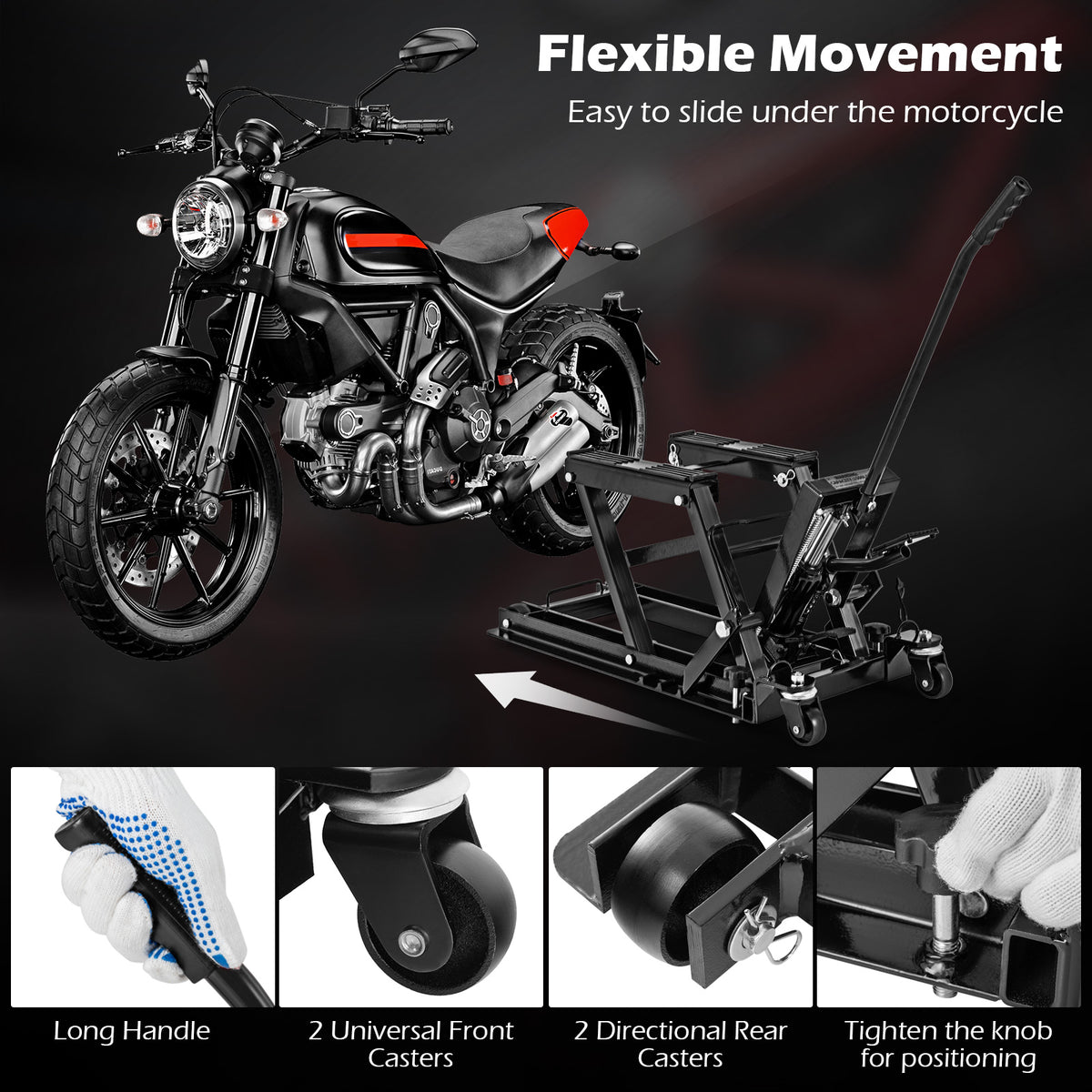 The hydraulic lift is shown with a motorcycle, highlighting its flexible movement and various components