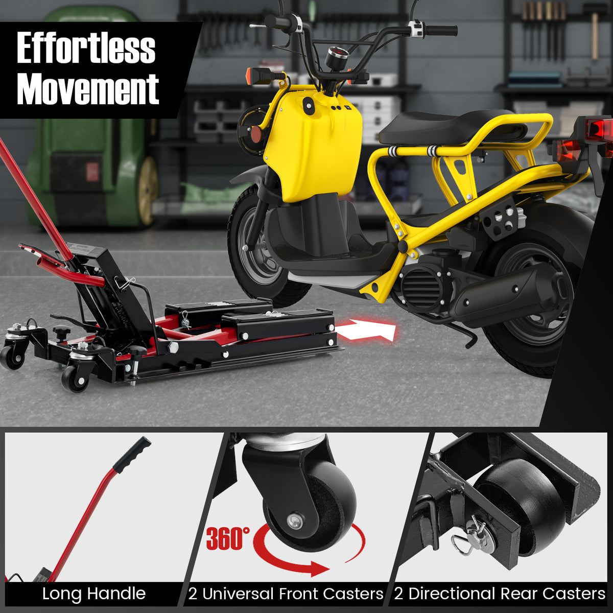 The motorcycle lift jack demonstrating its mobility features and swivel wheel details