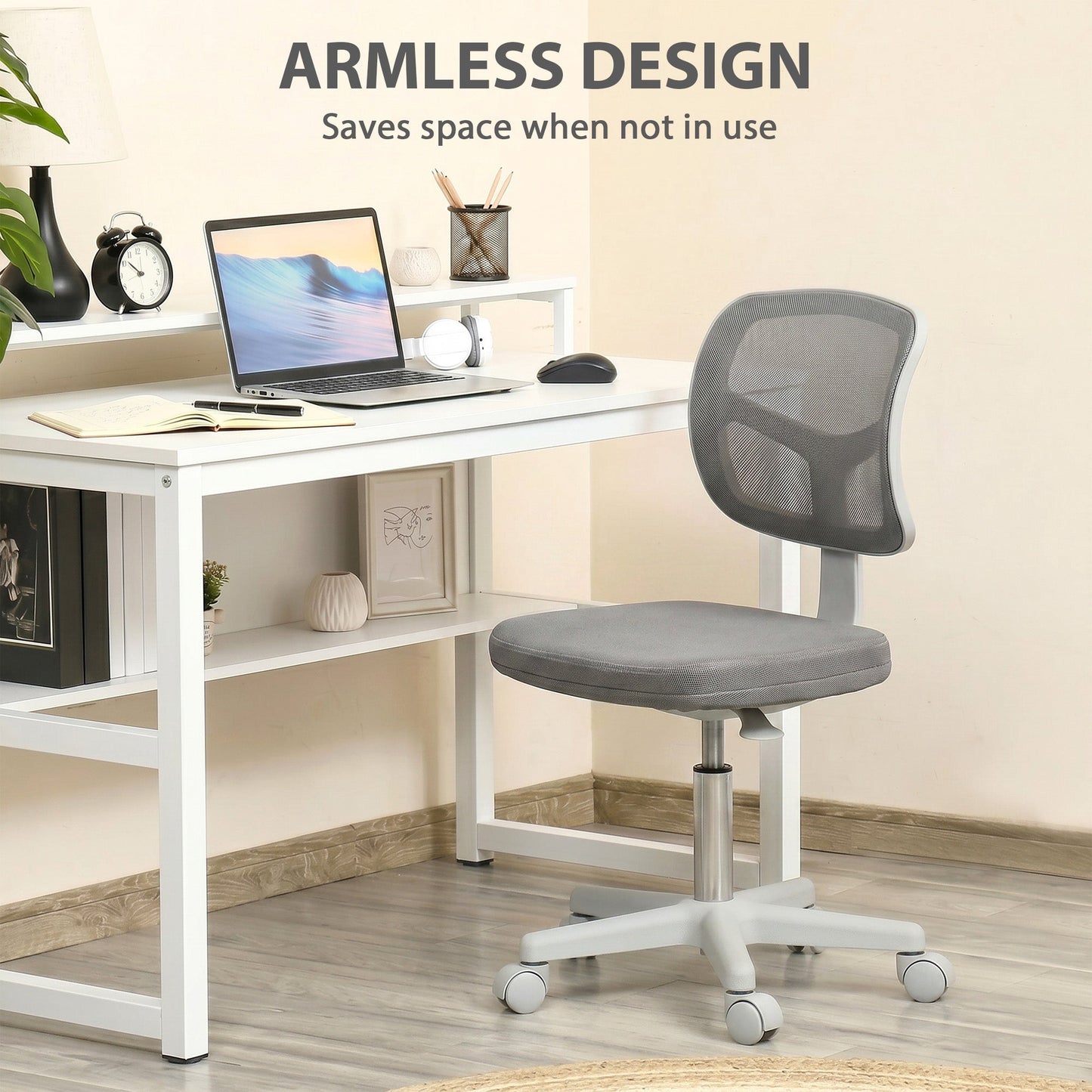 Vinsetto Small Office Chair without Arms, Ergonomic Swivel Mesh Desk Chair with Curved Back, Dark Grey
