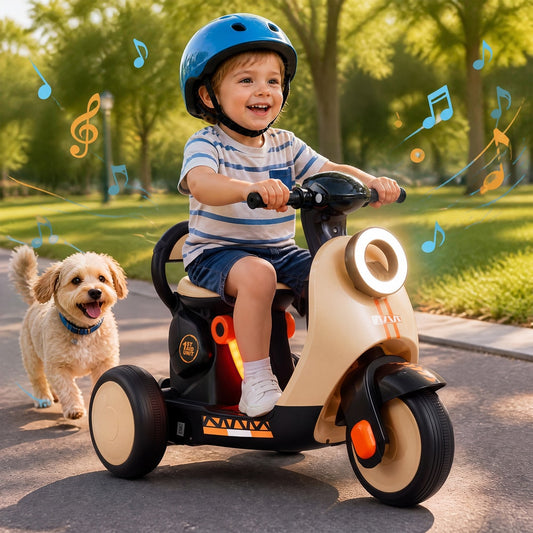 A happy child wearing a blue helmet rides the orange kids electric motorbike outdoors with a small dog running alongside