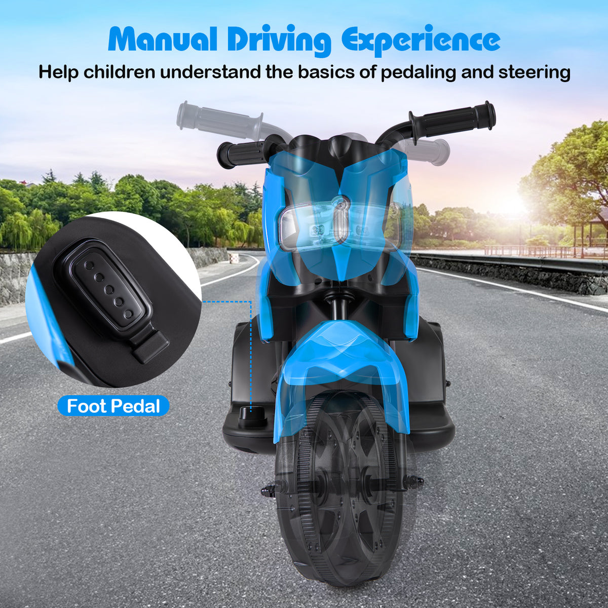 The kids electric motorbike with a close up of the foot pedal control