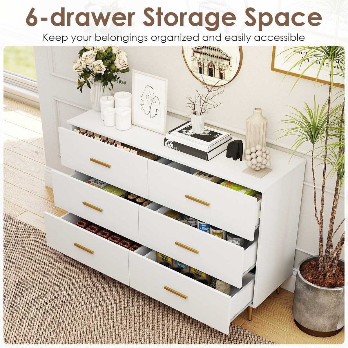 6 Drawer Dresser with Anti-Toppling Device for Living Room-White