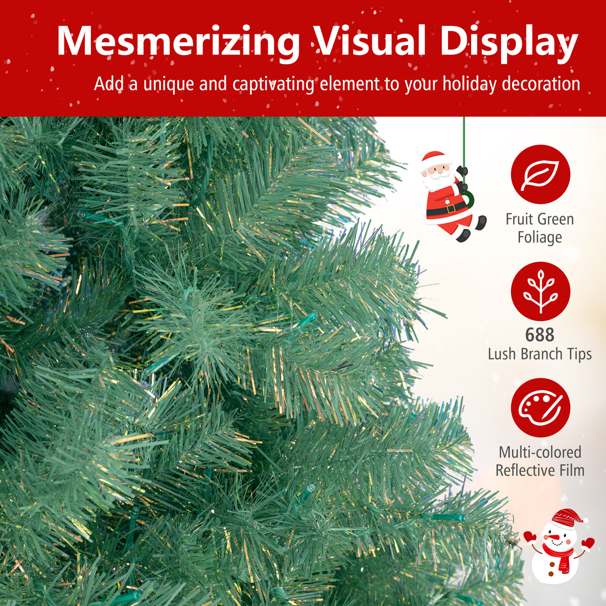 6 FT Artificial Xmas Tree with 688 Branch Tips and 250 Warm White LED Lights-Green