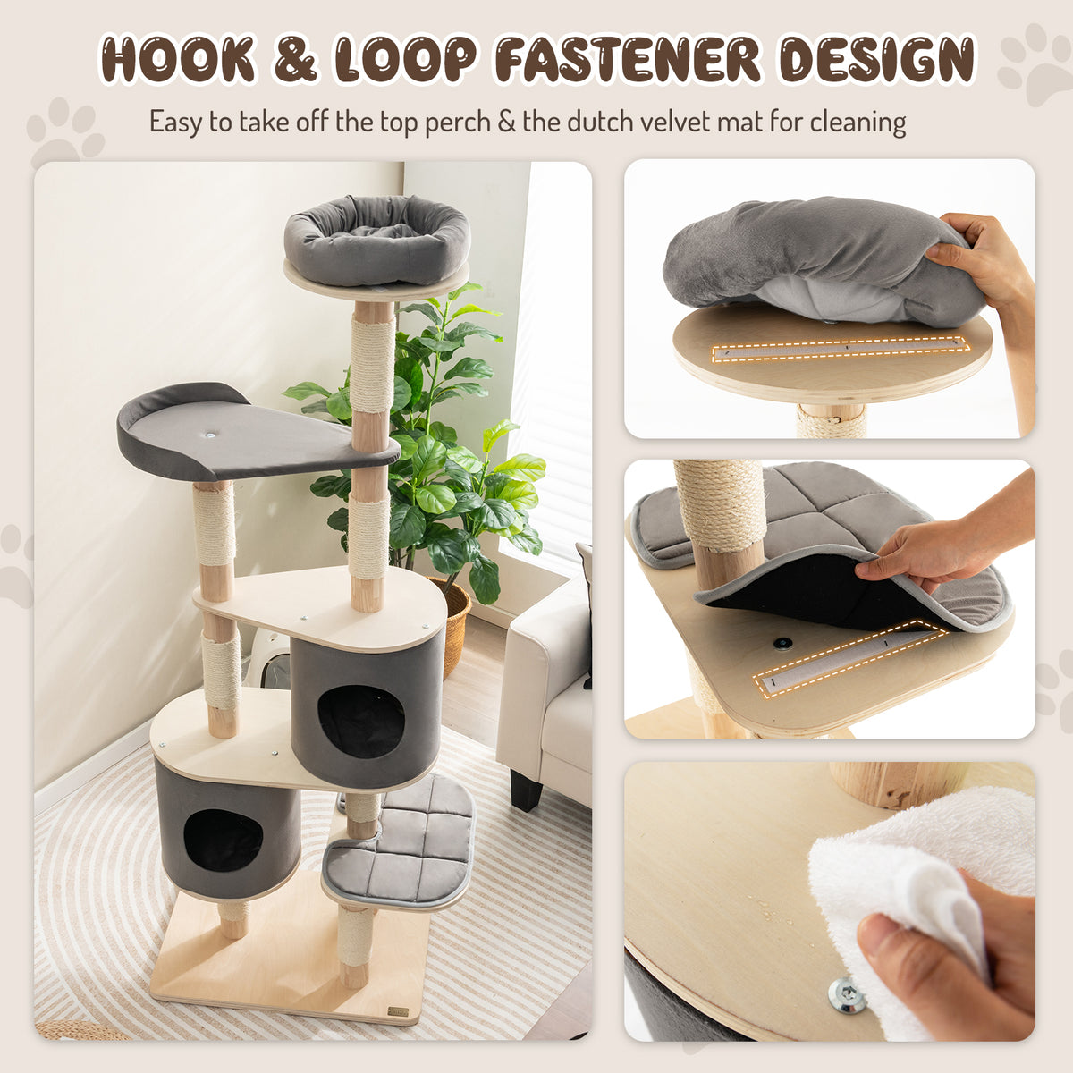 6-Tier Cat Tree Rubber Wood Cat Tower with Sisal Scratching Post-Grey