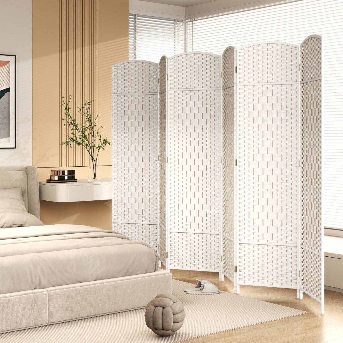 6 Panel Folding Room Divider with Hand-Woven Wicker for Home Office-White