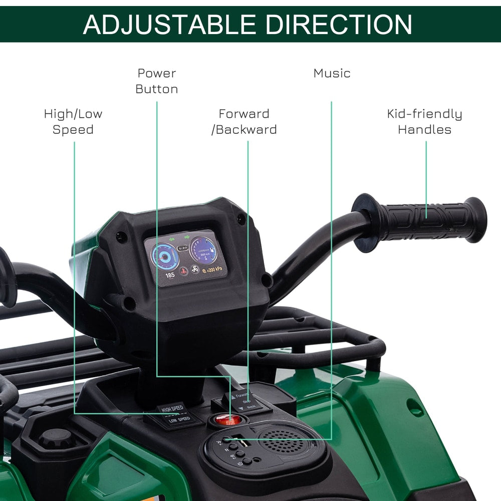 Close up of the dashboard controls on the green kids electric quad bike