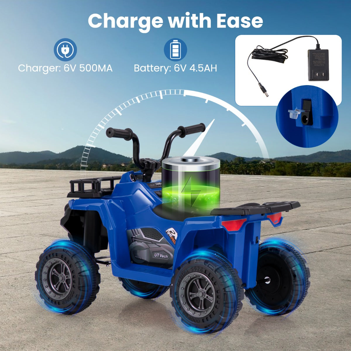 The navy kids electric quad with an inset showing the charging port and power adapter