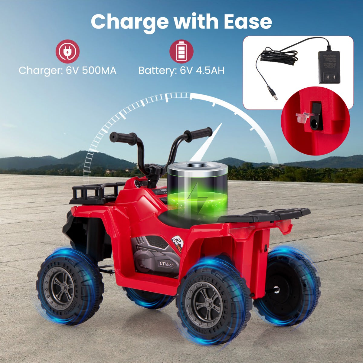 The red kids electric quad with an inset showing the battery charging port and cable