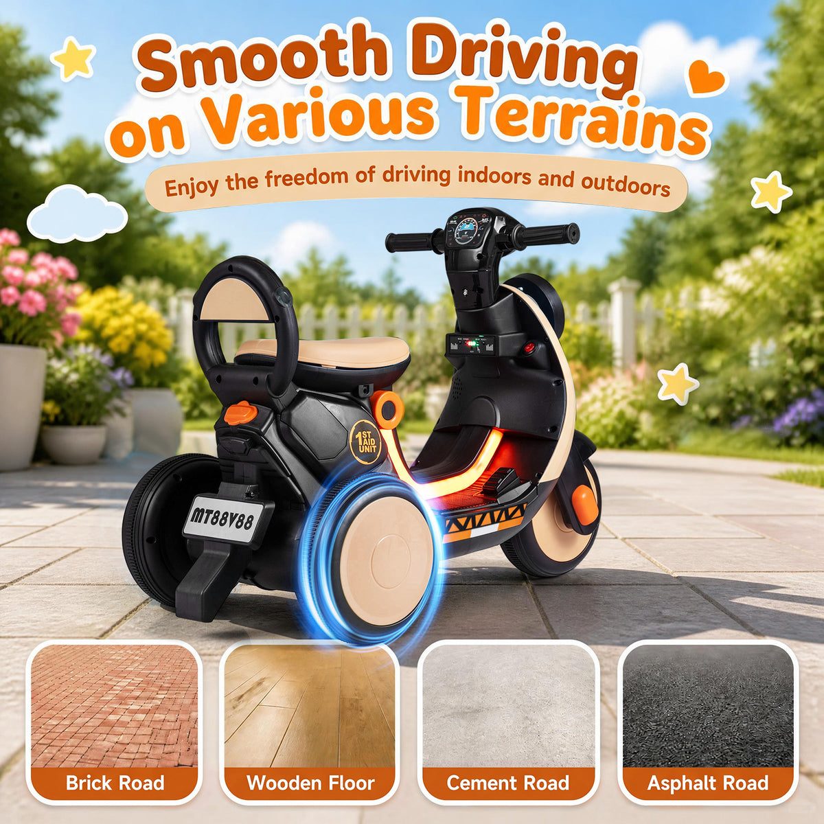 Smooth driving on various terrains, showing the orange kids electric motorbike on brick, wooden, cement, and asphalt roads