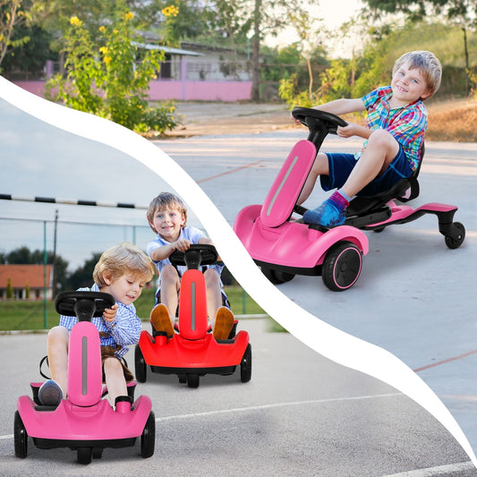 Two children enjoying a pink and a red electric ride on drift car outdoors