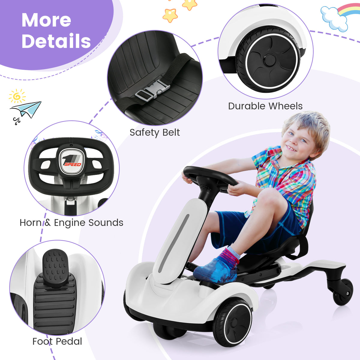 Close up details of the kids electric drift car including seat belt and foot pedal