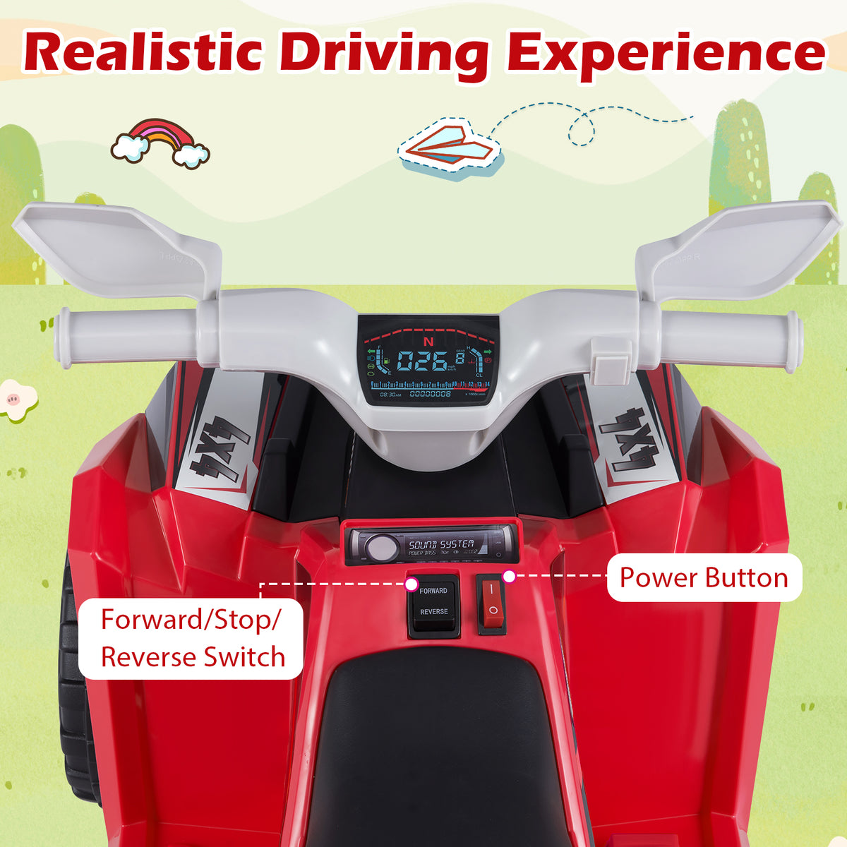 Close-up of the dashboard of the red kids electric quad showing controls