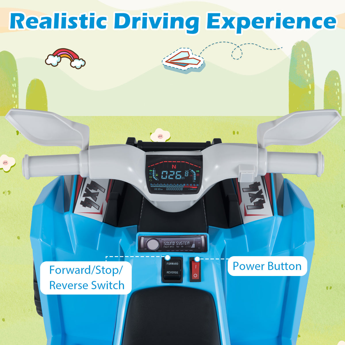Close up of the dashboard and controls on the kids electric quad