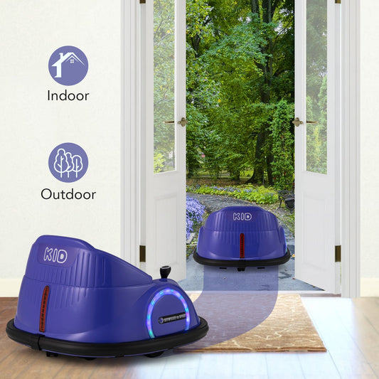 Purple kids electric car shown indoors and outdoors through open doors