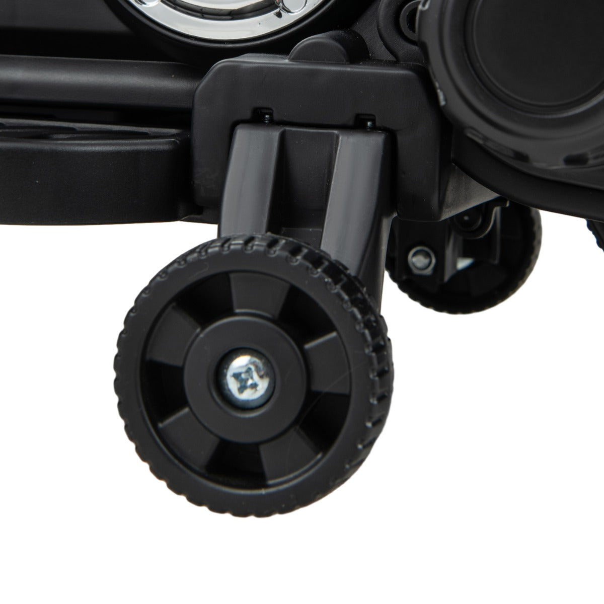 Close up of the small black training wheel attached to the kids electric motorbike