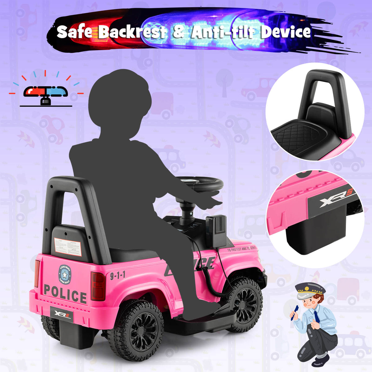 6V Kids Ride On Police Car with Side Megaphone in Pink