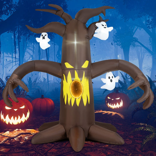 The Halloween tree inflatable with ghosts and pumpkins in a dark forest setting