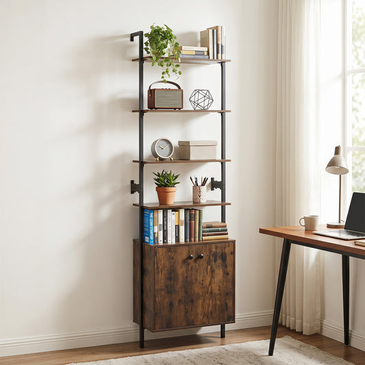 7-Tier Ladder Bookshelf with 2-Door Cabinet and 4 Shelves-Rustic Brown