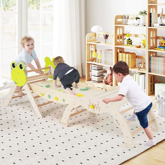 Three children playing on the wooden climbing frame inside a bright living room