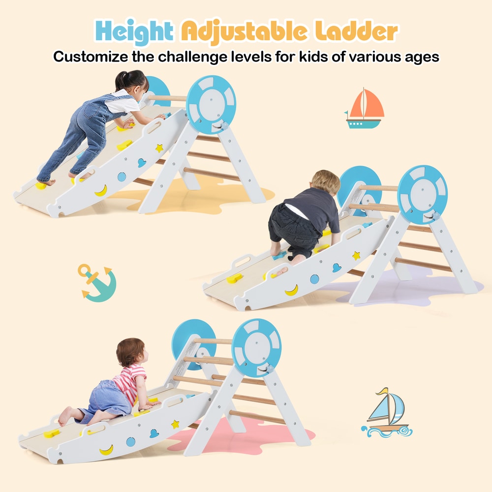 Three children of different ages using the white climbing frame at various heights
