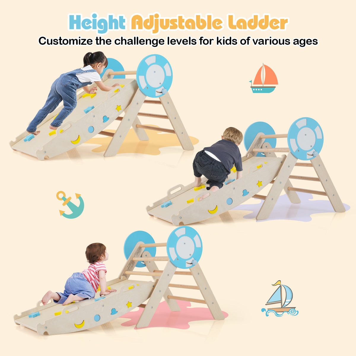 The climbing frame showing the adjustable ladder ramp at different heights