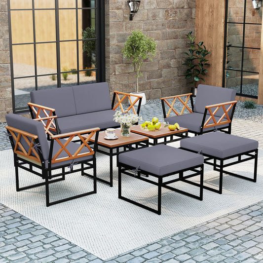 7 Piece Outdoor Conversation Set with Ottomans for Porch in Grey