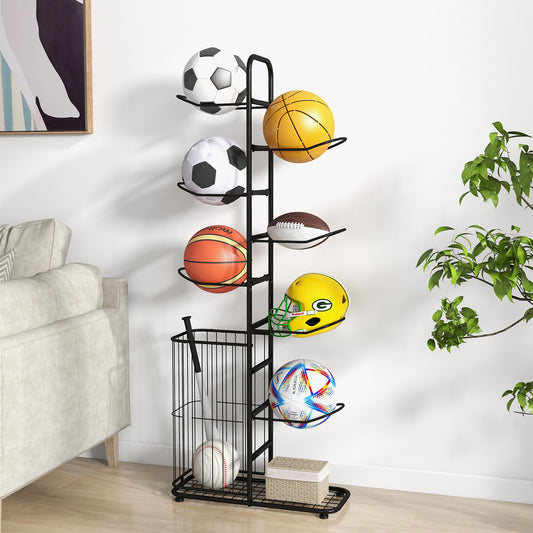 The sport equipment storage rack shown in a living room setting, holding various balls and a helmet
