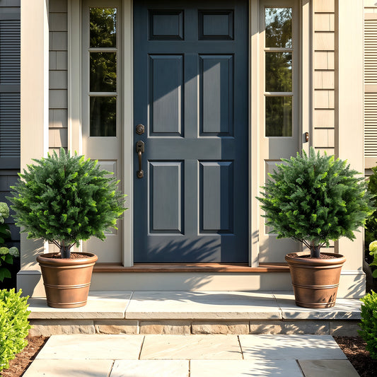 Two artificial cypress topiary trees in pots on a doorstep