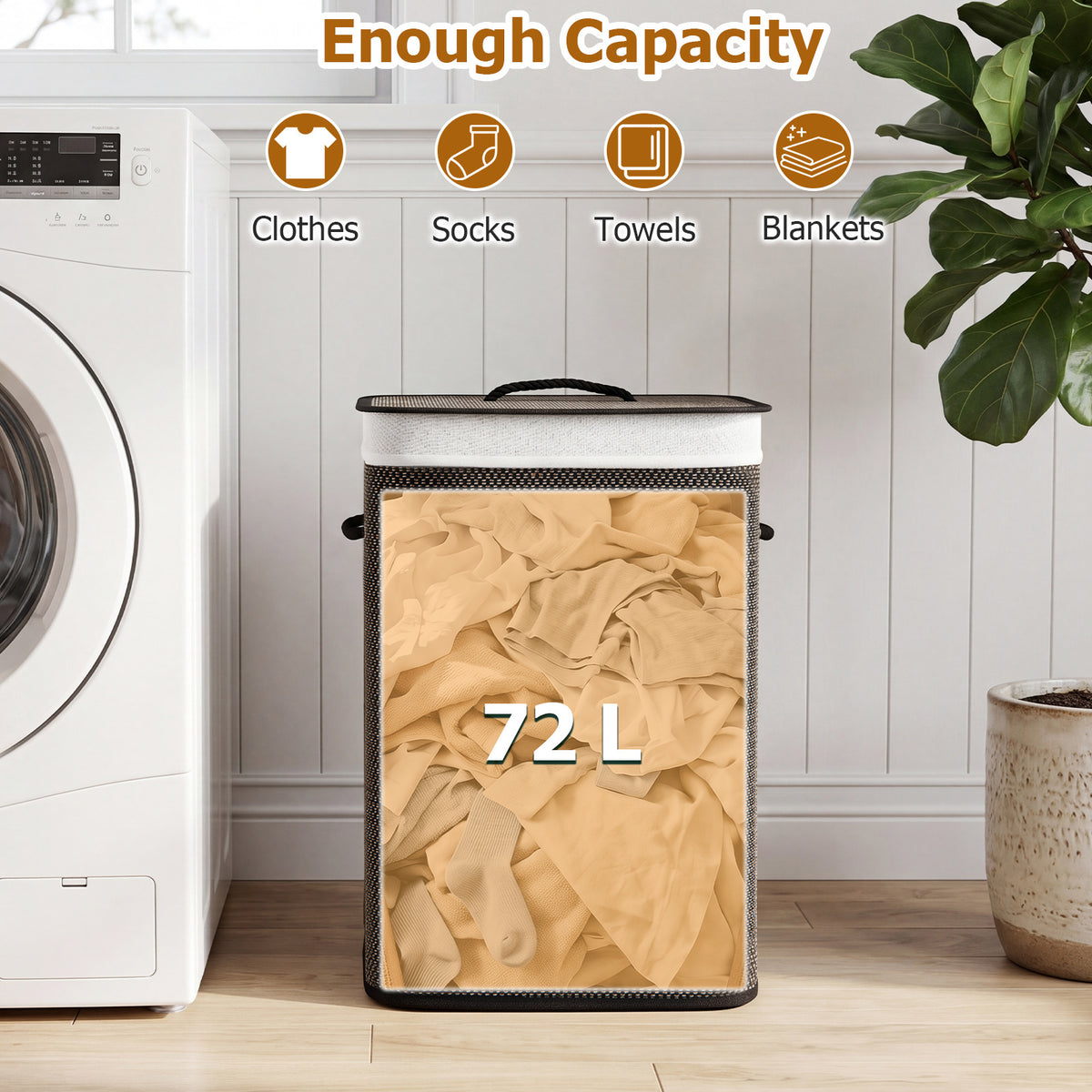 72 L Capacity Bamboo Laundry Hamper with Lid and Removable Liner for Bedroom-Black