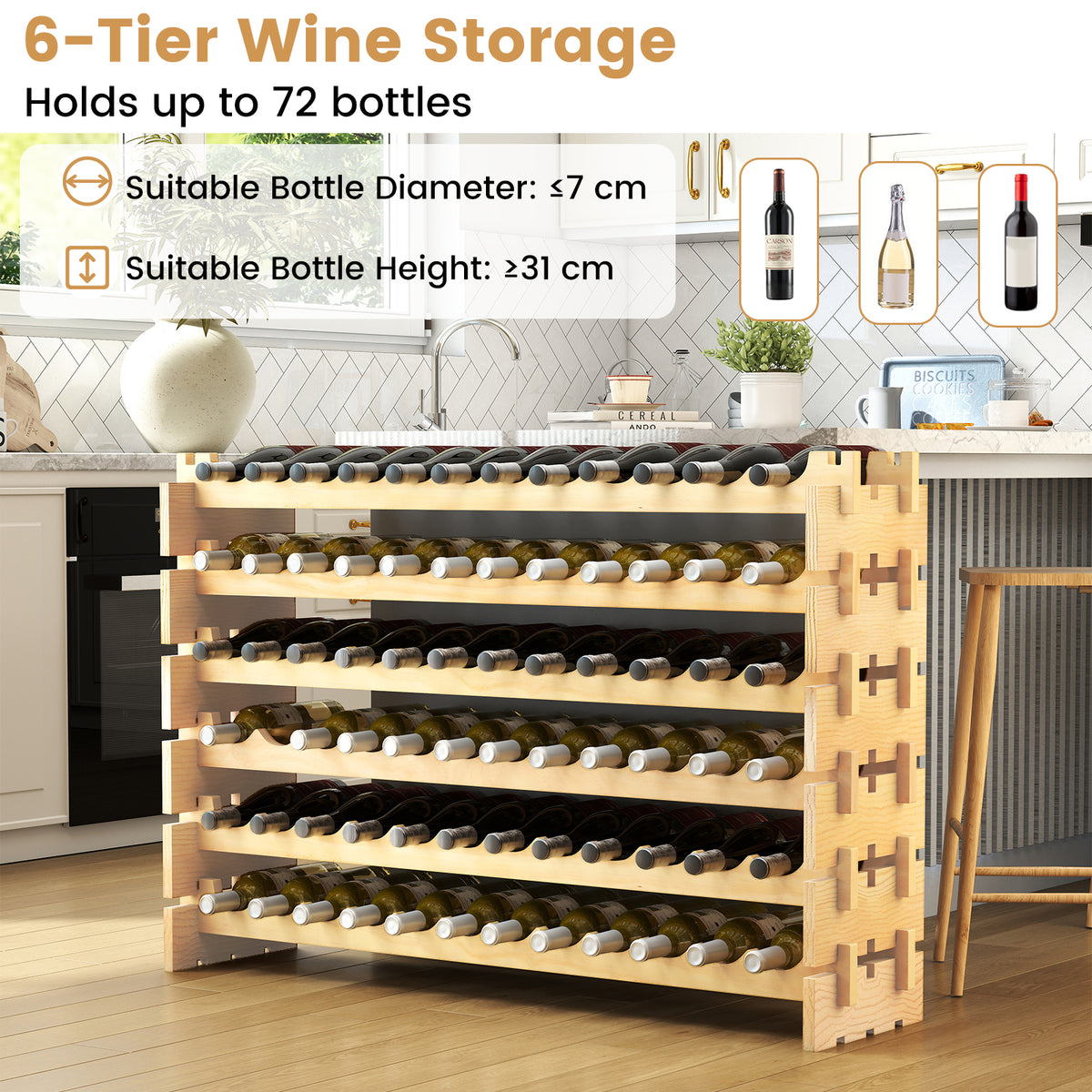 72 Bottles Wine Rack 6-Tier Stackable Wine Storage Stand with Solid Wood Frame-Natural