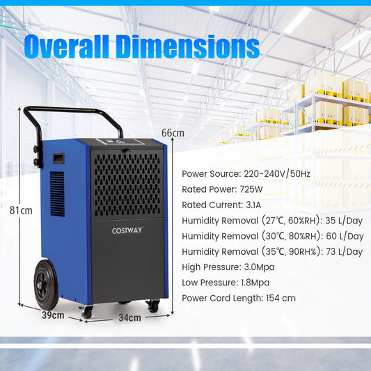 the industrial dehumidifier shown with its height width and depth measurements in a warehouse