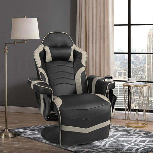 Electric Massage Gaming Chair with Cup Holder and Side Pouch-Grey