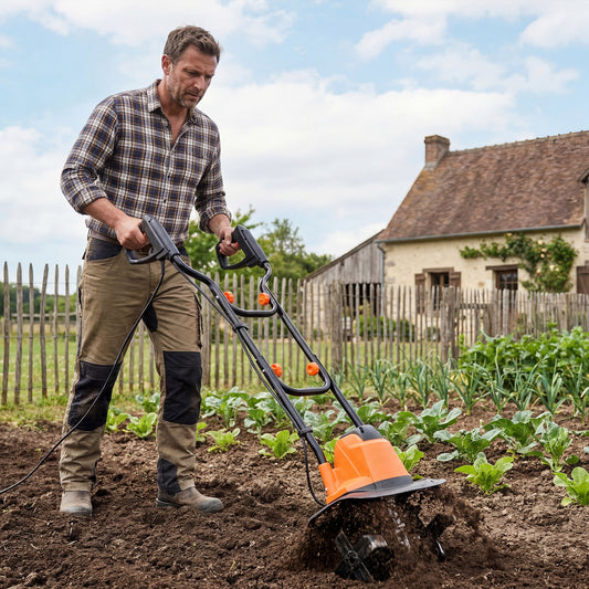A man uses the orange and black garden tiller to cultivate soil in a vegetable patch next to a rustic house