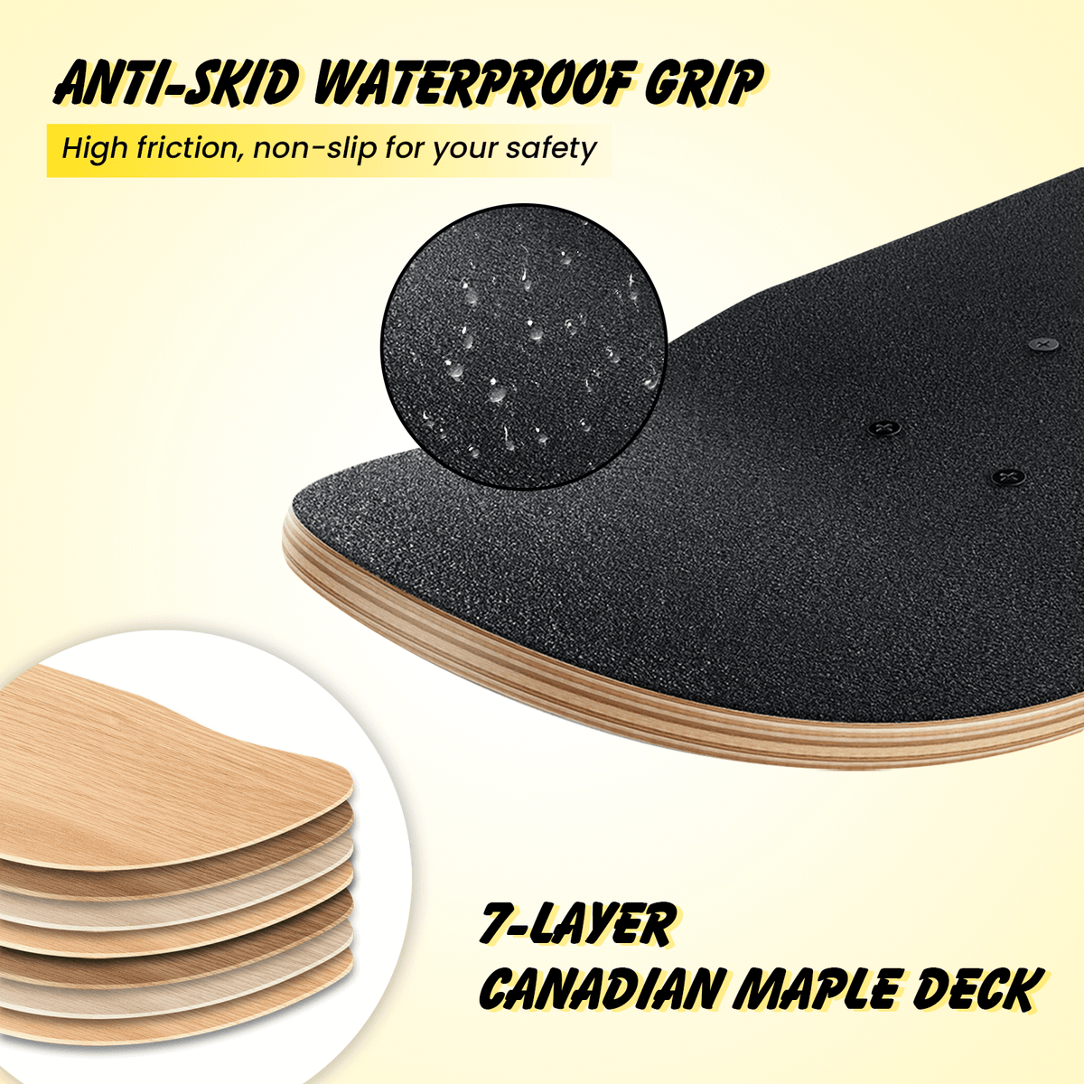 Close-up of the grip tape and layered deck construction of the black cruiser skateboard