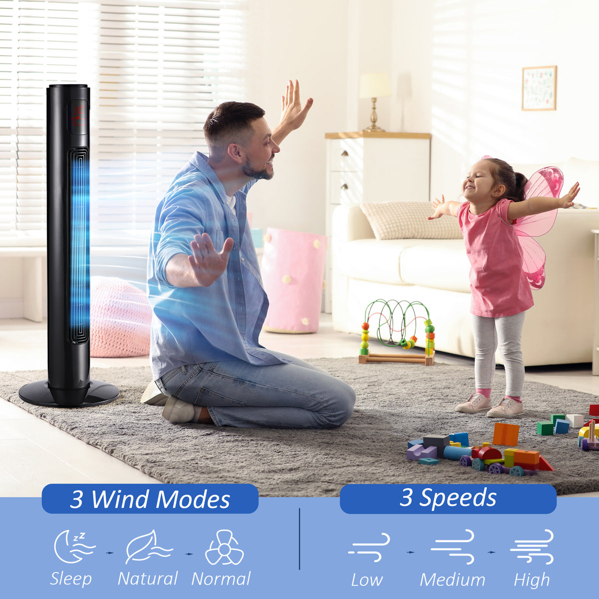 HOMCOM 38'' Freestanding Tower Fan in Black