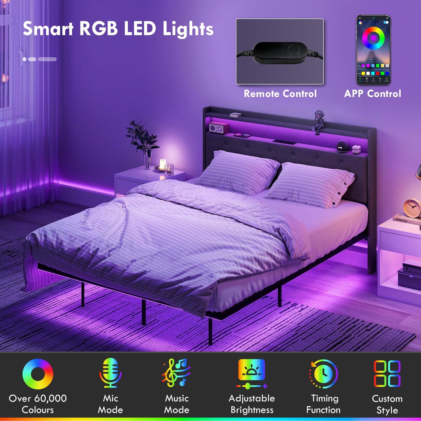 إطار سرير عائم من هوم كوم، سرير مزدوج منجد بمقاس 4 قدم 6 بوصة، سرير منصة بإضاءة LED RGB ومحطة شحن، لون رمادي