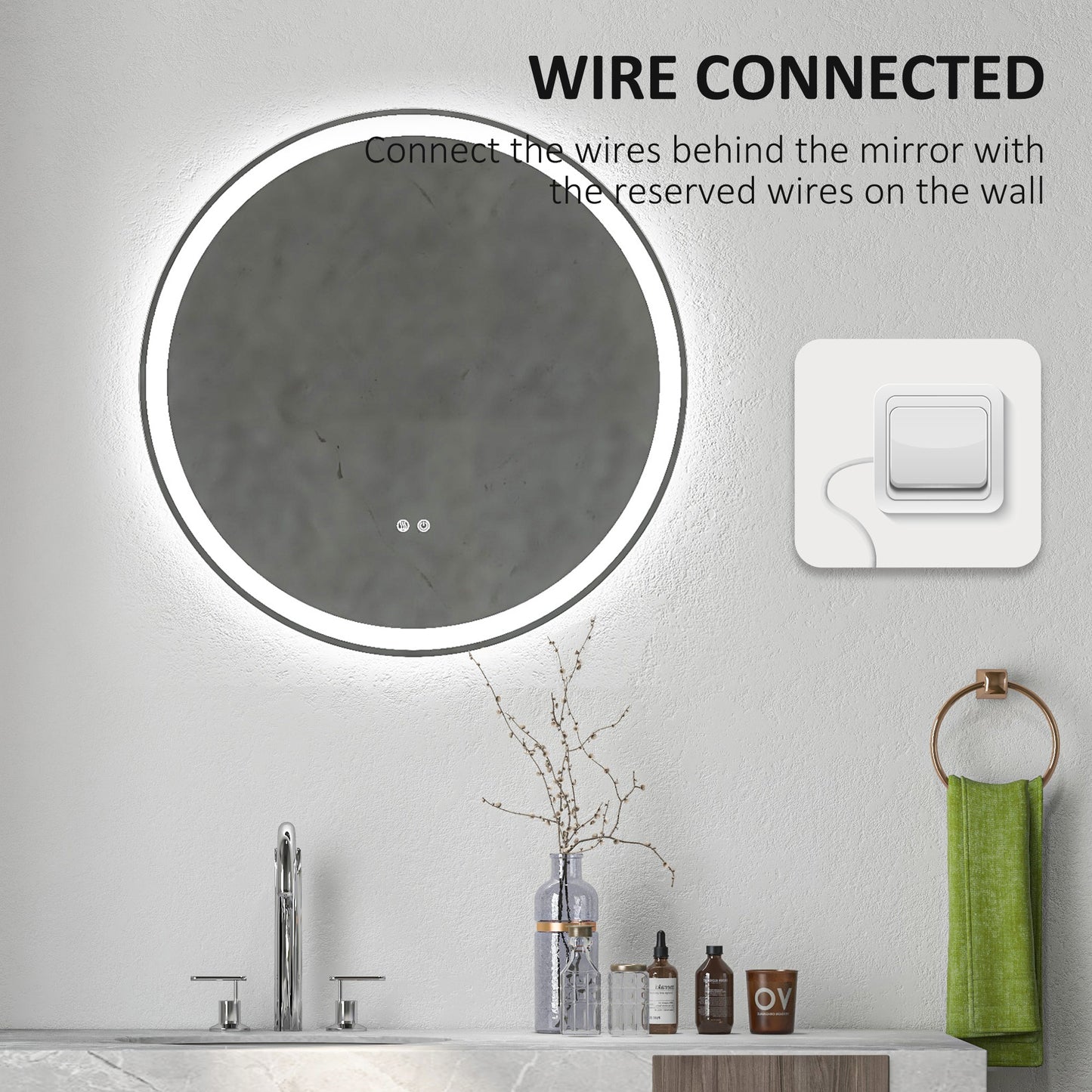 kleankin Round Bathroom Mirror with LED Lights, Wall Mount Dimmable Makeup Mirror with 3 Temperature Colours, Defogging Film and Memory Function, Frameless, Hardwired, 60 x 60Â cm