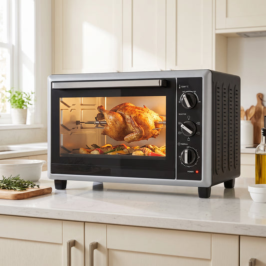 HOMCOM 36L Mini Oven with Convection, Electric Countertop Cooker with Rotisserie, 90-230°C Adjustable Temperature, 1500 W